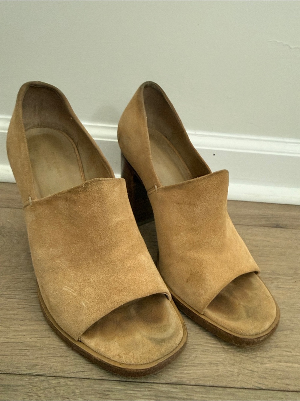 Rag & Bone Camel Suede Open-Toe Block Heel Booties
